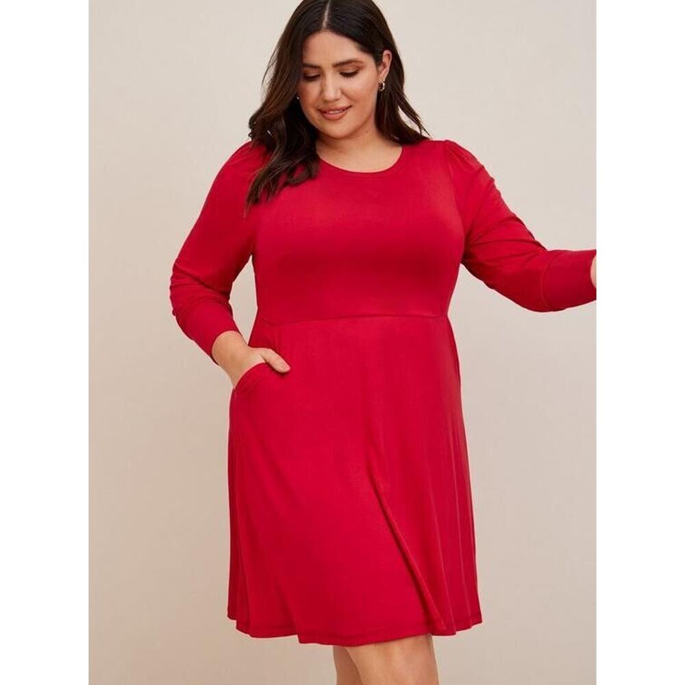 TORRID SIZE 2X Red Mini Jersey Puff Sleeve Skater Dress Long Sleeve Pockets NWT‎